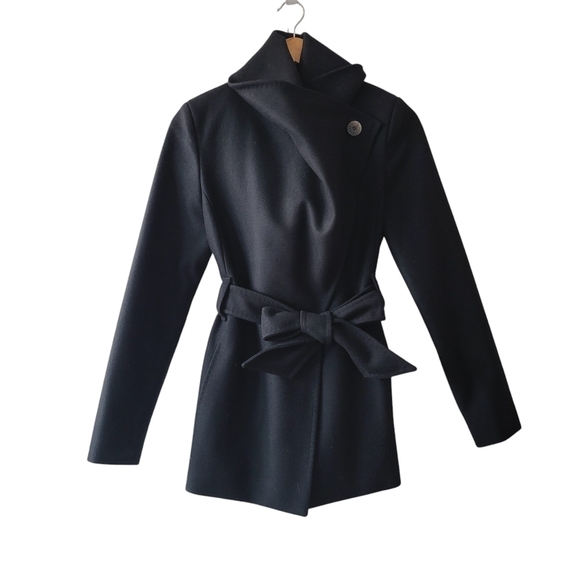 Ted Baker Black Wool Blend Wrap Coat - Picture 1 of 12